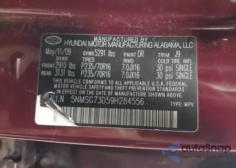 2009 Hyundai Santa Fe Gls from USA, damaged, VIN 5NMSG73D59H284556